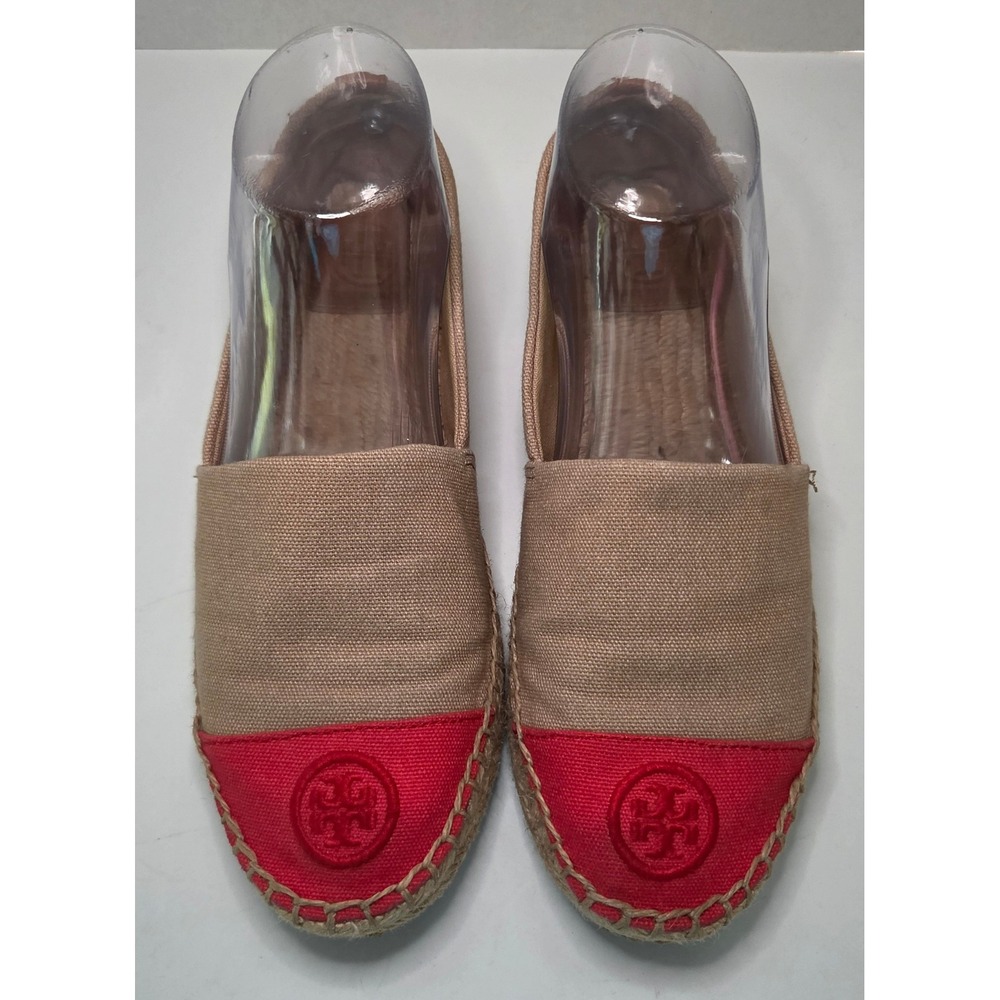 Tory Burch Color-Block Canvas Espadrilles Tan Red Logo Flats 7.5M Boho Chic